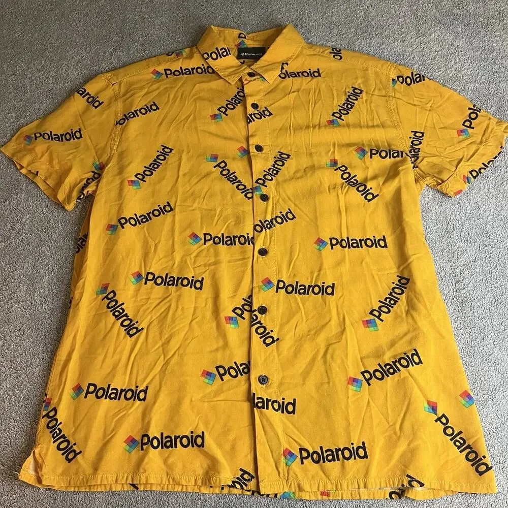 Polaroid Men's Small Short Sleeve Button Down Shirt Yellow All Over Print Logo S